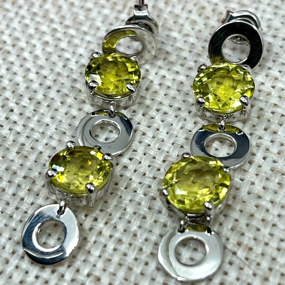 Vintage KN 925 Sterling Silver Yellow-Green Gemstone Dangle Earrings